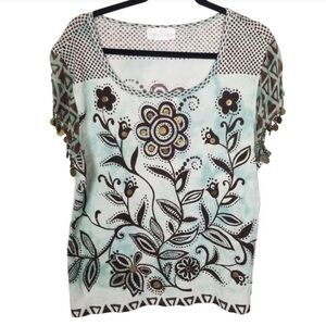 SOFT SURROUNDINGS S/S Flowers Womens Boho Hand Beaded Coin Chimes Sleeves Top 2X